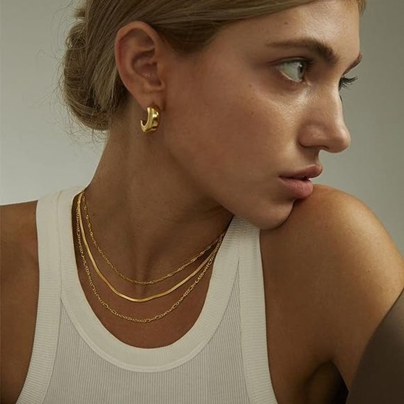 PipishCo Jewelry - 14k Gold Herringbone Necklace Set Layered Chain Choker Delicate Dainty Jewelry